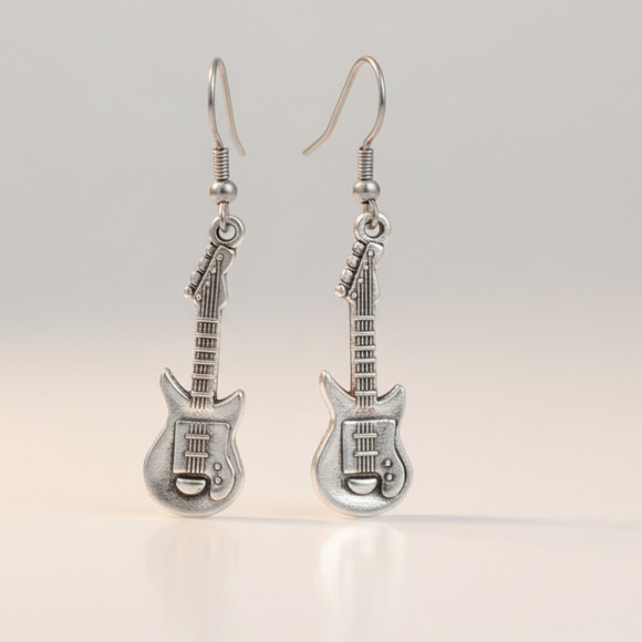 Silver Guitar Dangle Earrings | Music Lover Jewelry - Picture 4 of 6